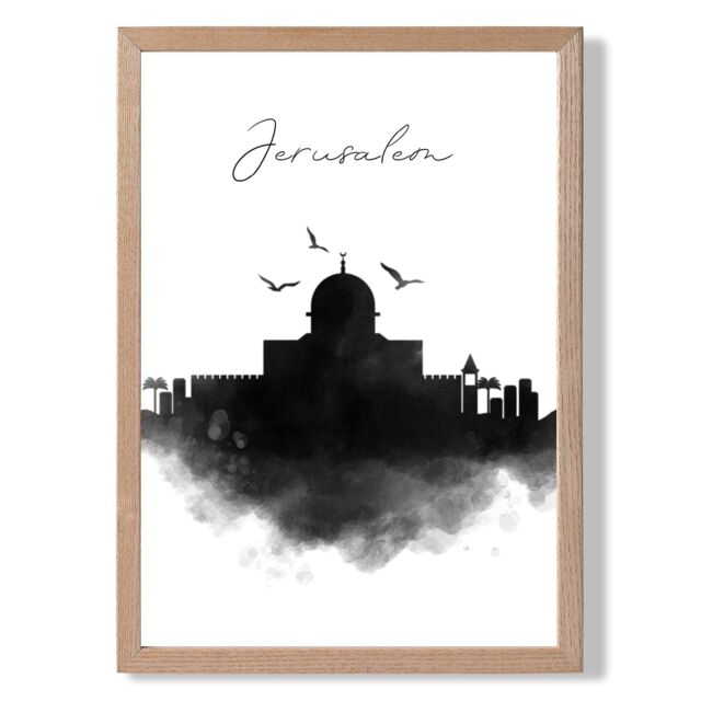 ARTZE Jerusalem Watercolour Skyline City Framed Print SIZE: A4 with Oak Frame in Black - image 1