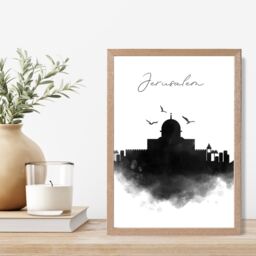 ARTZE Jerusalem Watercolour Skyline City Framed Print SIZE: A4 with Oak Frame in Black - thumbnail 2