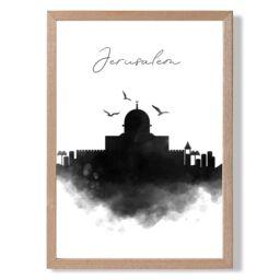 ARTZE Jerusalem Watercolour Skyline City Framed Print SIZE: A4 with Oak Frame in Black - thumbnail 1