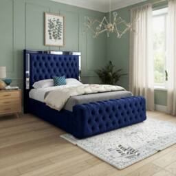 KDMD Wimborne Mirror Upholstered Blue Soft Velvet Designer Bed Frame - Size: Single - thumbnail 1