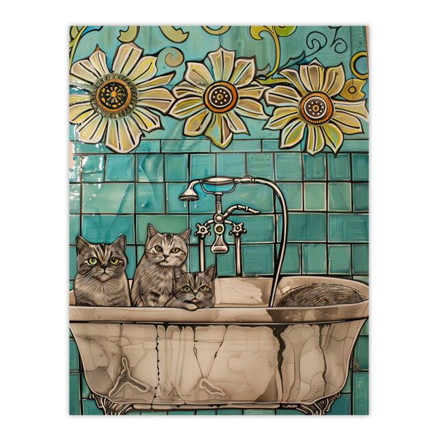 "Artery8 Cats in Bathtub Cat Lover Bath Time Sunflower Wall Art Print in Blue - Size: W18"" x H24""" - image 1