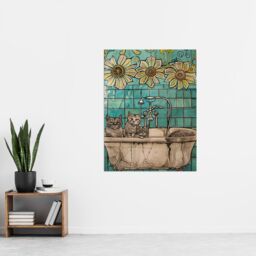 "Artery8 Cats in Bathtub Cat Lover Bath Time Sunflower Wall Art Print in Blue - Size: W18"" x H24""" - thumbnail 4