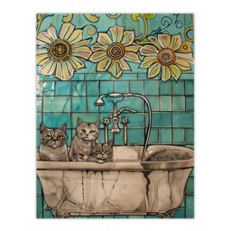 "Artery8 Cats in Bathtub Cat Lover Bath Time Sunflower Wall Art Print in Blue - Size: W18"" x H24""" - thumbnail 1