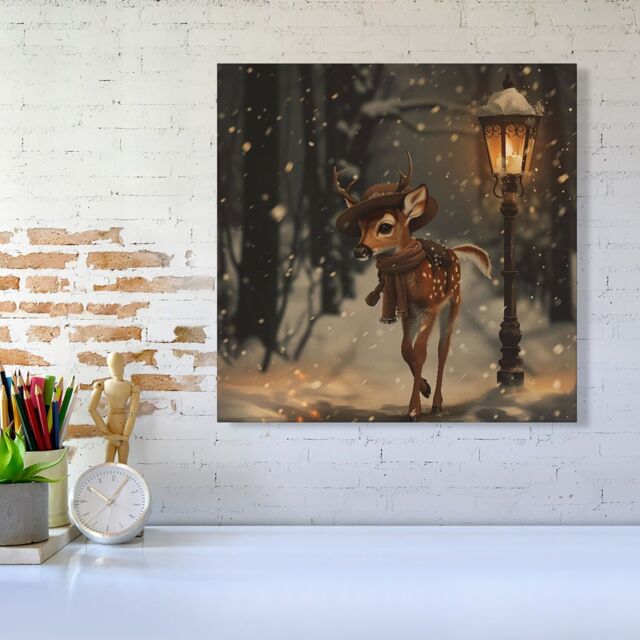 "Warren Reed - Designer Fawn In A Snowy Scene Canvas - Size: W16"" x H16""" - image 1