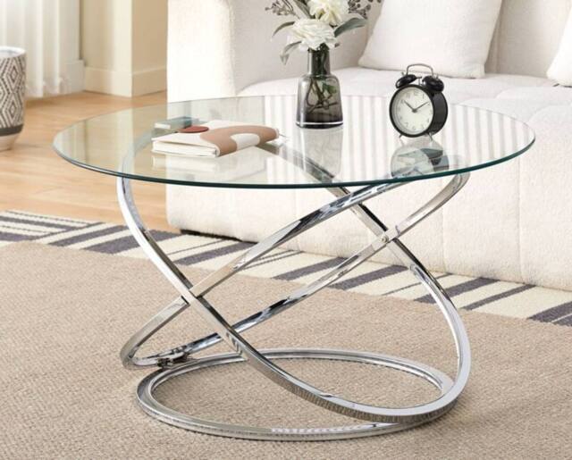 Comfy Living Ltd Round Abstract Tempered Glass Coffee Table Chrome Effect in Silver - Size: 1 Pack - image 1