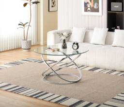 Comfy Living Ltd Round Abstract Tempered Glass Coffee Table Chrome Effect in Silver - Size: 1 Pack - thumbnail 3