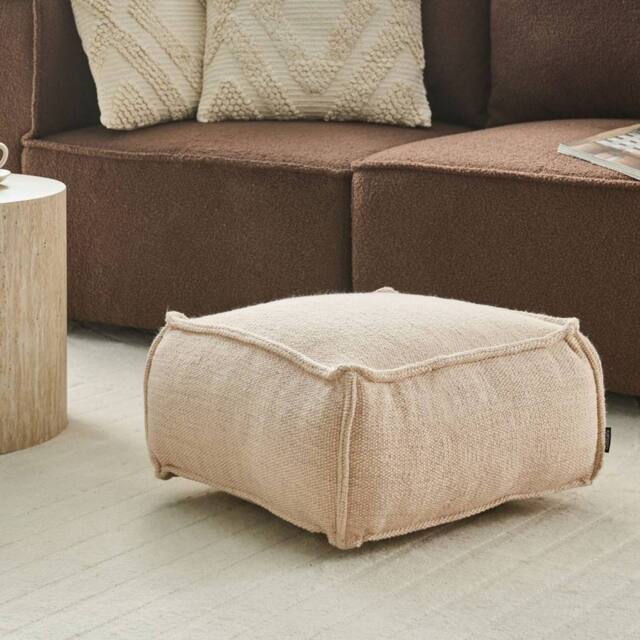 Wyld and Coco Beige Cotton Pouffe - Square EPS Bead Footstool Refillable One Size - image 1