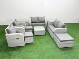Fimous 9 Seater Outdoor Reclining Chair Love Sofa Set Rattan Garden Furniture Set with Square Coffee Table 3 Stools 2 Side Table Light Grey - thumbnail 1