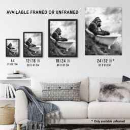 "Artery8 Gorilla Bubble Bath Bathtub Black White Surreal Framed Art Print in Grey - Size: W12"" x H16""" - thumbnail 3