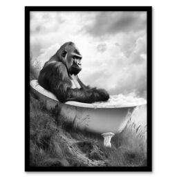 "Artery8 Gorilla Bubble Bath Bathtub Black White Surreal Framed Art Print in Grey - Size: W12"" x H16""" - thumbnail 1