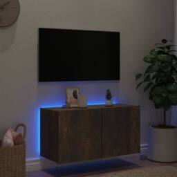 Berkfield Home TV Wall Cabinet with LED Lights Smoked Oak 80x35x41 cm in Brown - Size: 80 x 35 x 41 cm - thumbnail 4