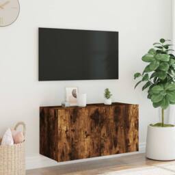 Berkfield Home TV Wall Cabinet with LED Lights Smoked Oak 80x35x41 cm in Brown - Size: 80 x 35 x 41 cm - thumbnail 5