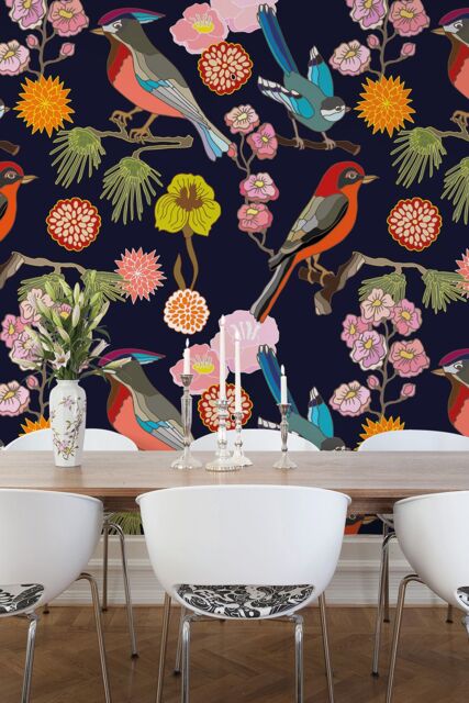 Origin Murals Floral Birds Wall Mural in Indigo - Size: W350 cm x H280 cm - image 1