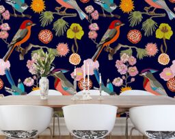 Origin Murals Floral Birds Wall Mural in Indigo - Size: W350 cm x H280 cm - thumbnail 2