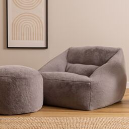 icon Natalia Bean Bag Armchair & Round Footstool, Rabbit Faux Fur Light Grey - Size: Medium