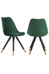 Life Interiors Set of 2 Sofia Ergonomic Modern Dining Chairs Upholstered in Velvet, Metal Legs with Gold End Caps in Green