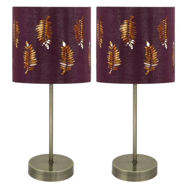First Choice Lighting Set of 2 Antique Brass Stick Table Lamps with Burgundy Fern Shades in Bronze - image 1