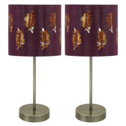 First Choice Lighting Set of 2 Antique Brass Stick Table Lamps with Burgundy Fern Shades in Bronze