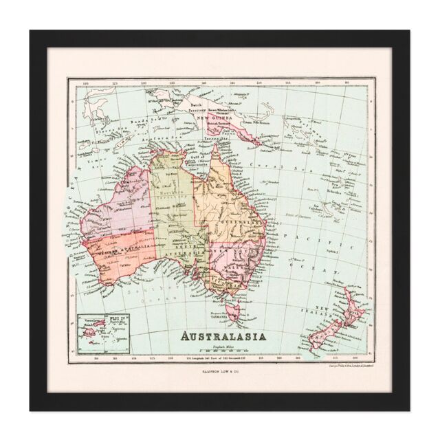 "Artery8 Wall Art Print Map Sampson Australasia Australia Fiji Square Framed Picture 16X16 Inch in Black - Size: W16"" x H16""" - image 1