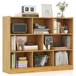 Costway Wood Storage Cube Bookcase 3 Tier 8 Cube Open Shelf Storage Cabinet in Yellow