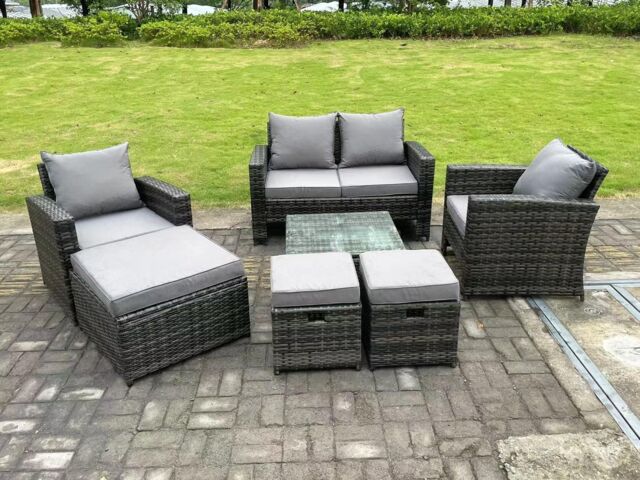Fimous 7 Seater Dark Grey Mixed High Back Rattan Sofa Set Square Coffee Table Garden Furniture Outdoor 3 Stools