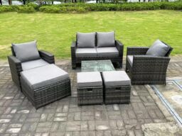 Fimous 7 Seater Dark Grey Mixed High Back Rattan Sofa Set Square Coffee Table Garden Furniture Outdoor 3 Stools - thumbnail 1