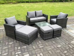 Fimous 7 Seater Dark Grey Mixed High Back Rattan Sofa Set Square Coffee Table Garden Furniture Outdoor 3 Stools - thumbnail 3