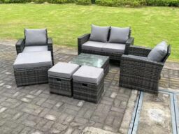 Fimous 7 Seater Dark Grey Mixed High Back Rattan Sofa Set Square Coffee Table Garden Furniture Outdoor 3 Stools - thumbnail 2