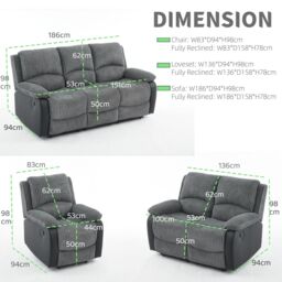 FURNITURE ONE Electric Reclining Sofa Set, Sectional Sofa Suite - 1+2 Sofa Set in Grey - Size: 1 Pack - thumbnail 6