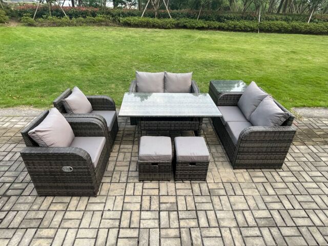 Fimous Rattan Outdoor Furniture Garden Dining Set Rectangular Table & Chair Sofa Set With Side Table 2 Small Footstools in Dark Grey - image 1