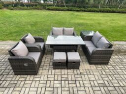 Fimous Rattan Outdoor Furniture Garden Dining Set Rectangular Table & Chair Sofa Set With Side Table 2 Small Footstools in Dark Grey - thumbnail 1