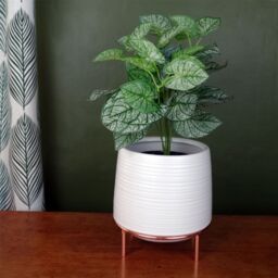 Leaf White Ceramic Planter Metal Stand Plant Pot - thumbnail 3