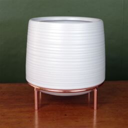 Leaf White Ceramic Planter Metal Stand Plant Pot - thumbnail 1