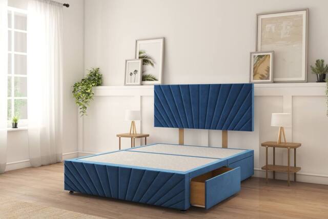 "Sloomy Amberley Naples Divan Bed Base 4 Drawers With 26"" Strutted Headboard & 12"" Matching Footboard in Navy - Size: Small Double" - image 1