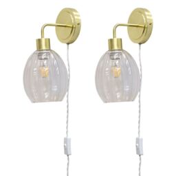 First Choice Lighting Set of 2 Toby - Satin Brass Plug in Wall Lights Fluted Shades in Gold