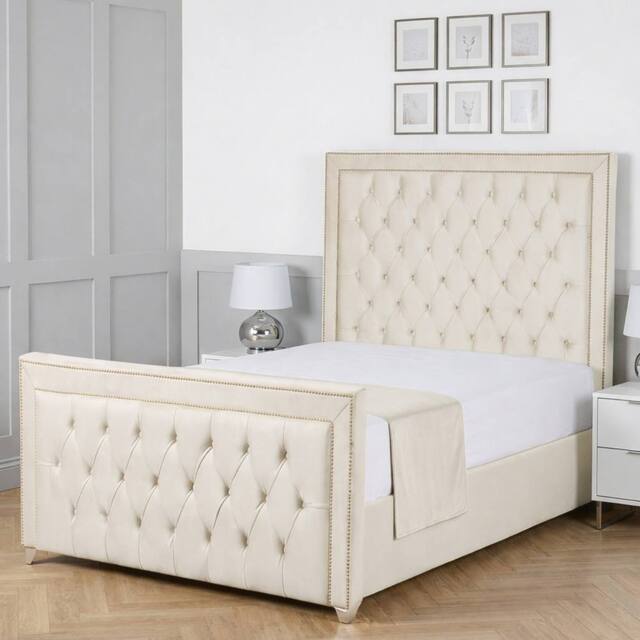 Living Comfort Bedz Metro Plush Velvet Upholstered Bed Slatted Base with 48Inch Headboard in Cream - Size: Small Double - image 1