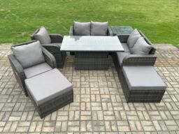 Fimous 8 Seater Rattan Furniture Garden Dining Set Outdoor Height Adjustable Rising lifting Table Love Sofa Chair in Dark Grey - thumbnail 1