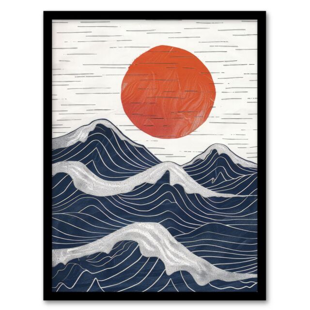 "Artery8 Wall Art Print Abstract Sunset Seascape Waves Sun Painting Art Framed Poster in Black - Size: W12"" x H16""" - image 1