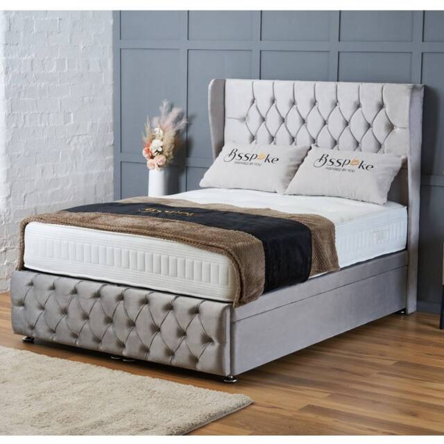 "BSSPOKE Bella Ottoman Divan Bed Plush Velvet 54""Headboard &Footboard Mattress in Silver - Size: Small Double" - image 1
