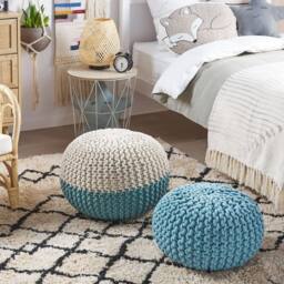 Wyld and Coco Light Blue Knitted Pouf Ottoman 40 x 25 cm - Cotton Knit Footstool - thumbnail 1