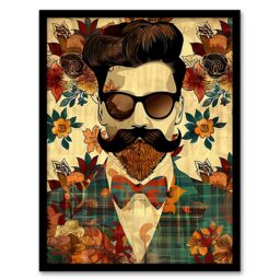 "Artery8 Hipster Man Portrait Flowers Moustache Pompadour Framed Art Print in Brown - Size: W12"" x H16""" - thumbnail 1