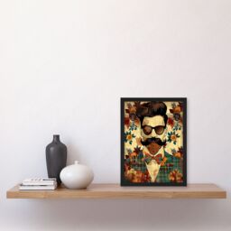 "Artery8 Hipster Man Portrait Flowers Moustache Pompadour Framed Art Print in Brown - Size: W12"" x H16""" - thumbnail 4