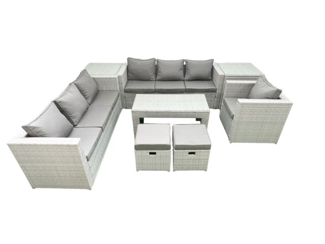 Fimous Wicker PE Rattan Sofa Garden Furniture Set with Oblong Coffee Table Armchair 2 Small Footstools 2 Side Tables Light Grey Mixed - image 1