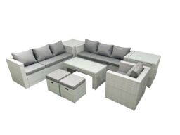 Fimous Wicker PE Rattan Sofa Garden Furniture Set with Oblong Coffee Table Armchair 2 Small Footstools 2 Side Tables Light Grey Mixed - thumbnail 2