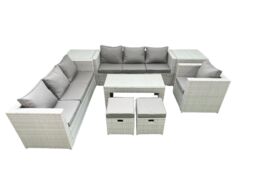 Fimous Wicker PE Rattan Sofa Garden Furniture Set with Oblong Coffee Table Armchair 2 Small Footstools 2 Side Tables Light Grey Mixed - thumbnail 1