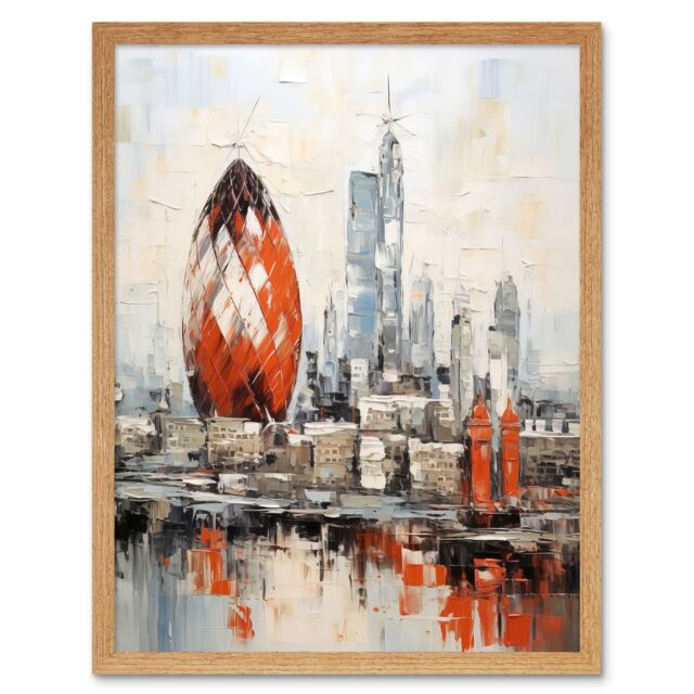 "Artery8 Wall Art Print London Skyline Abstract Oil Painting Thick Paint Red Gherkin Building River Thames England City Art Framed - Size: W12"" x H16""" - image 1