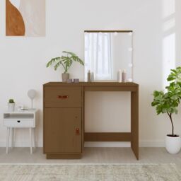 Berkfield Home Dressing Table with LED Honey Brown 95x50x133.5 cm Solid Wood Pine - thumbnail 4