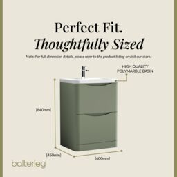 Balterley Floor Standing 2 Drawer Bathroom Vanity Unit & Basin, Green, 550mm in Green - thumbnail 5