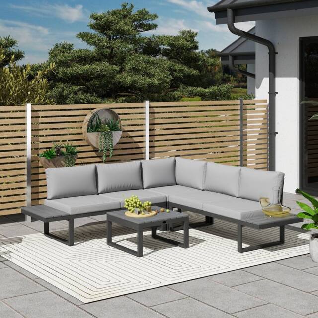 OUTSUNNY 4 PCs Garden Set w/ 5-Level Recline Corner Conversation Sofa Set in Black - image 1