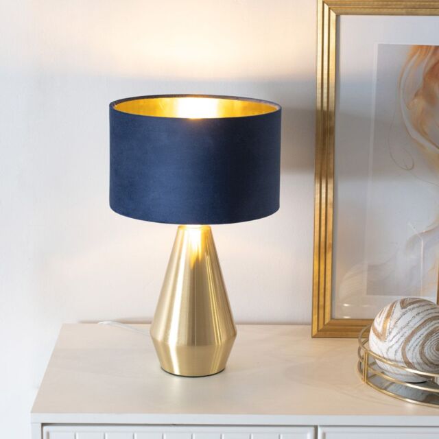 ValueLights Jax Gold Dimmable Touch Table Lamp with Velvet Drum & Gold Inner Lamp Shade in Dark Navy - image 1